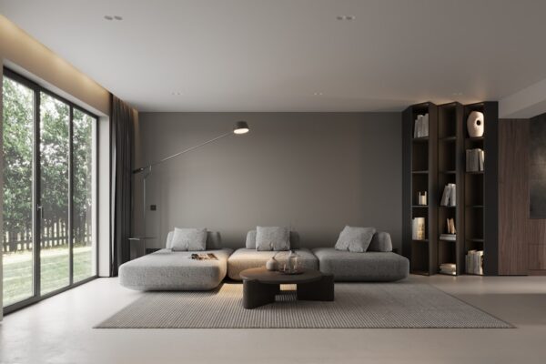 A modern living room with a large window