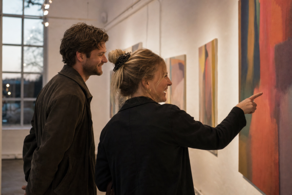 Ungt par griner og peger på et stort farverigt abstrakt maleri i et lille hvidt galleri en tidlig aften