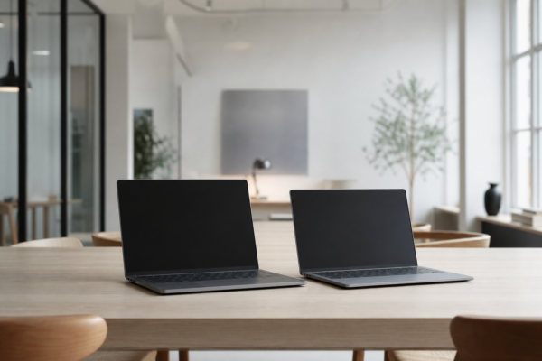 To bærbare computere side om side på et bord i et lyst kontor