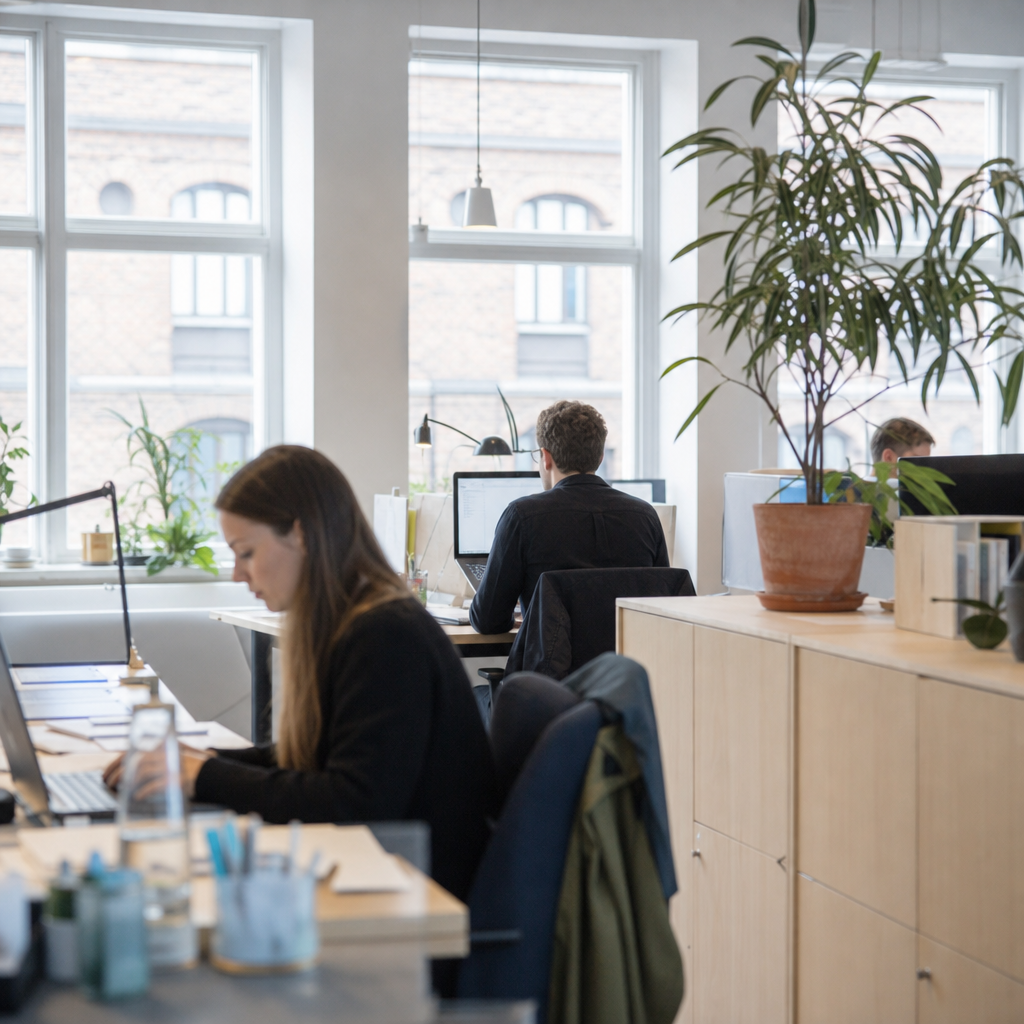Lyst københavnsk kontormiljø med medarbejdere ved skriveborde